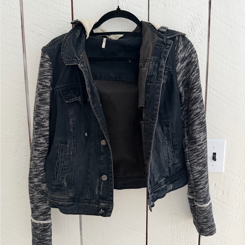 Free People Black Denim Jacket with Gray Knit Sleeves